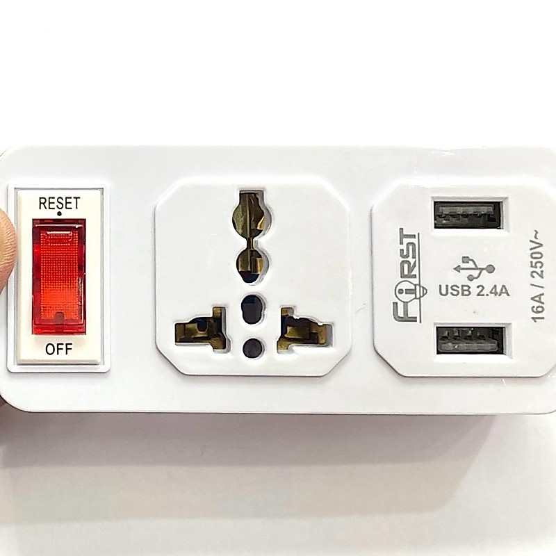 ปลั๊กคอม ปลั๊กแปลงขาต่างประเทศ+2USB มีสวิทช์แดงReset 2 ขากลม F-395