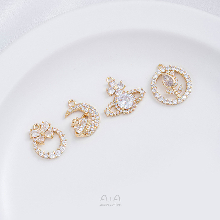 สี Retention 14K Gold-Packed Micro-Inlaid Zircon ผีเสื้อ Tulip Garland Star Moon Planet จี้ diy สร้อ