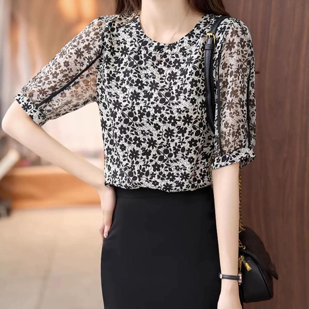 Red Berry เสื้อชีฟองผู้หญิง สำหรับฤดูร้อน ทรงหลวม แขนสั้น พิมพ์ลายดอกไม้ 99442