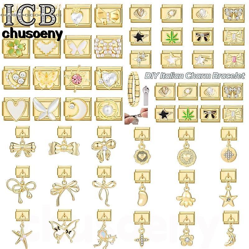 สร้อยข้อมือลิงค์อิตาลี 9 มิลลิเมตร พร้อมแพทช์เสน่ห์และดอกไม้ แบบย้อนยุคสำหรับทำเอง