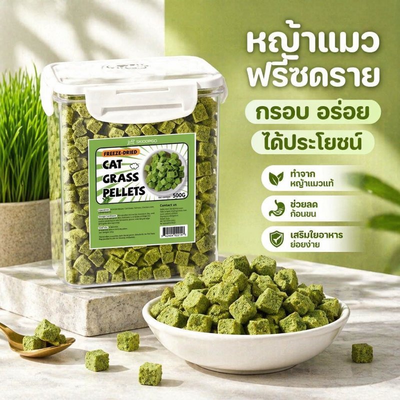 ขนมแมว ฟรีซดราย อกไก่ ต้นอ่อนข้าวสาลี หญ้าแมว ช่วยขับก้อนขน เสริมวิตามิน โปรตีนสูง 500 กรัม