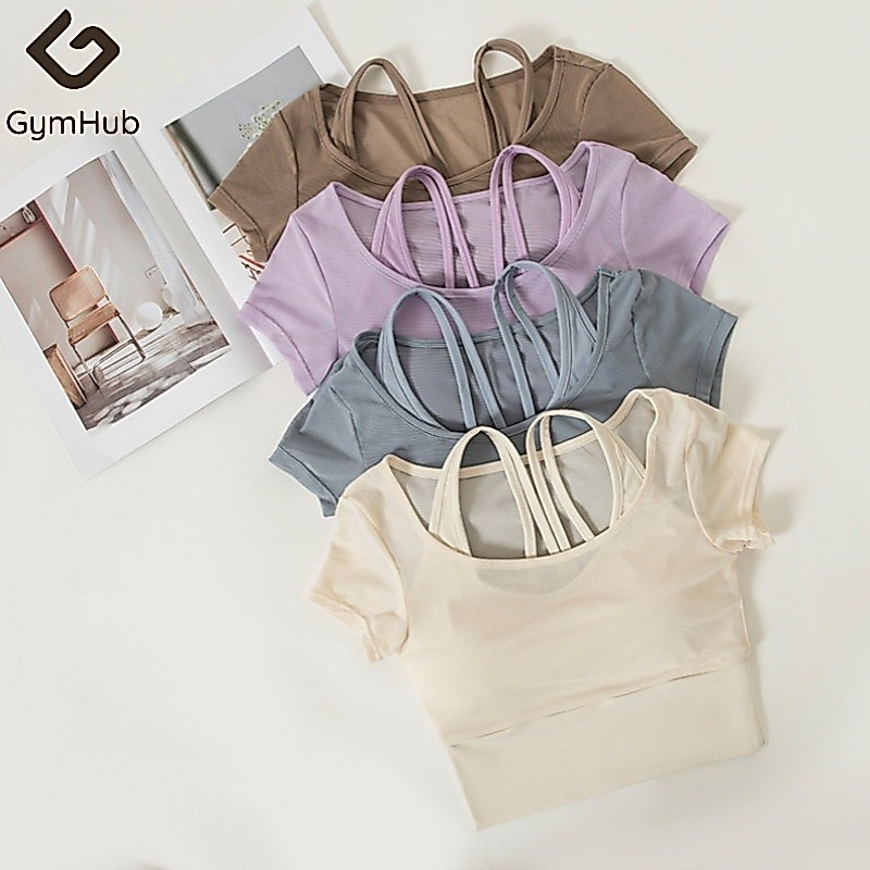 GymHub เสื้อกีฬาเนื้อตาข่ายสองชั้นเทียม แขนสั้น พร้อมแผ่นเสริมหน้าอก ระบายอากาศดี แห้งเร็ว สำหรับโยคะและออกกำลังกาย