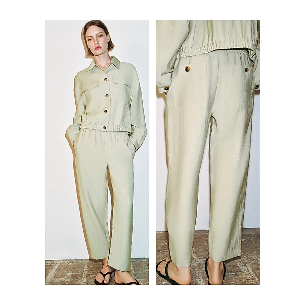Zara Trousers กางเกงผ้าสีเขียวพลาสเทล สีสวย ละมุน รับ Auttum งานแท้