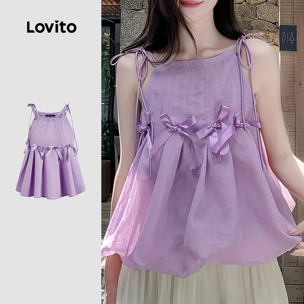 Lovito แคชชวล เสื้อเชิ้ตผู้หญิง ดีไซน์ผูกเชือกด้านหน้า ฤดูใบไม้ผลิ/ฤดูร้อน สีม่วง L171ED514