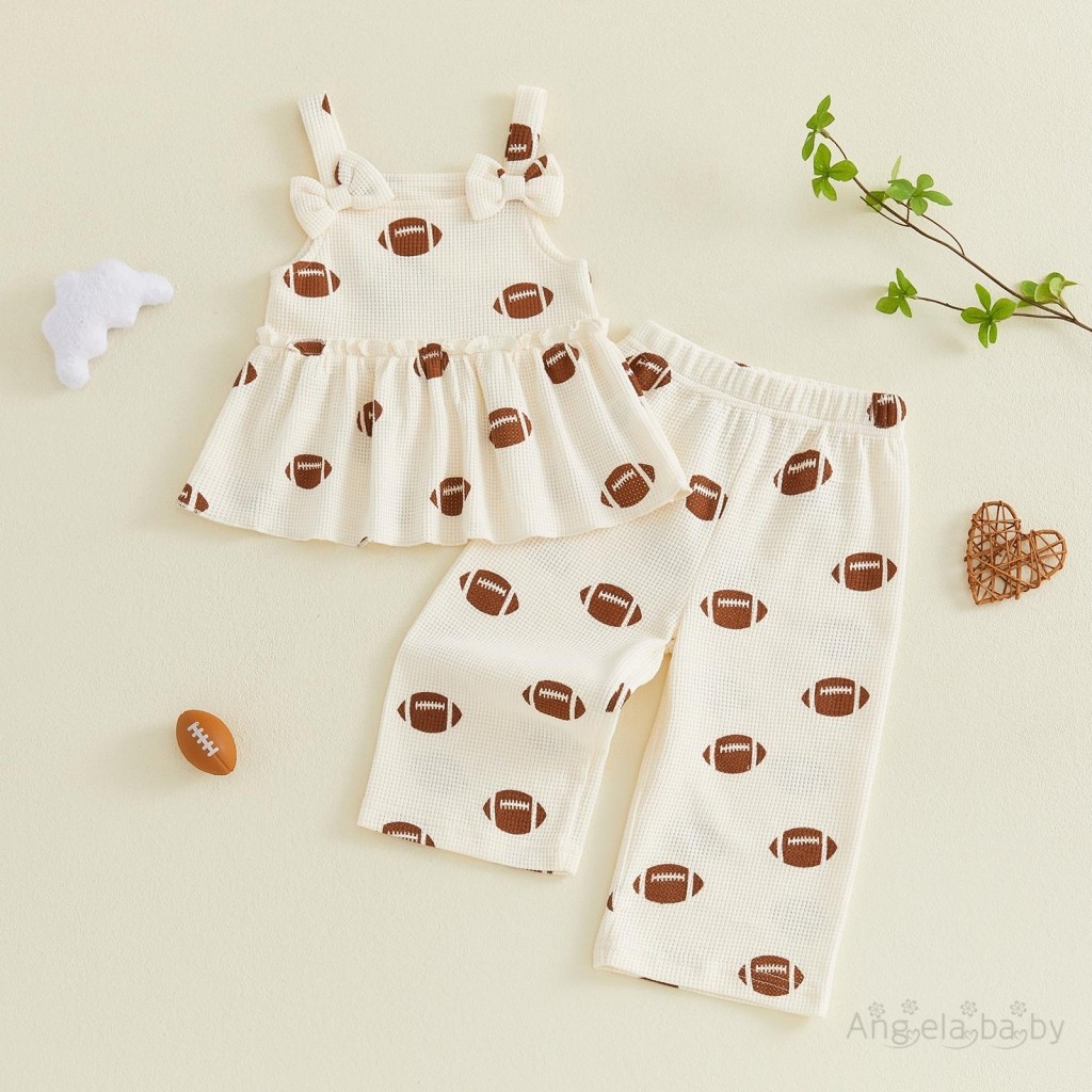 Hian-Toddler Girls Summer Set Rugby Print Bowknot Waffle Sleeve Cami Tops + กางเกงเอวยางยืด 2 ชิ้นชุ