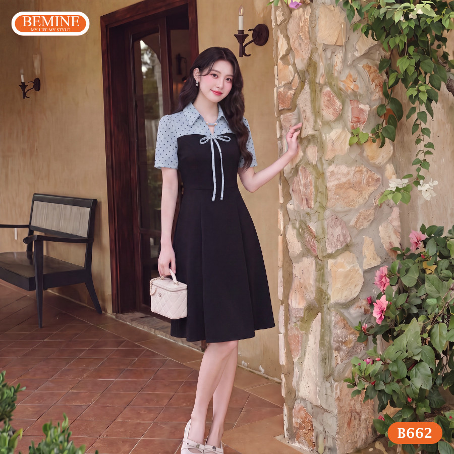 BEMINE เดรสดีไซน์คอปกเชิ้ตลายจุด ทรงเอ เหมาะสําหรับทํางาน-B662
