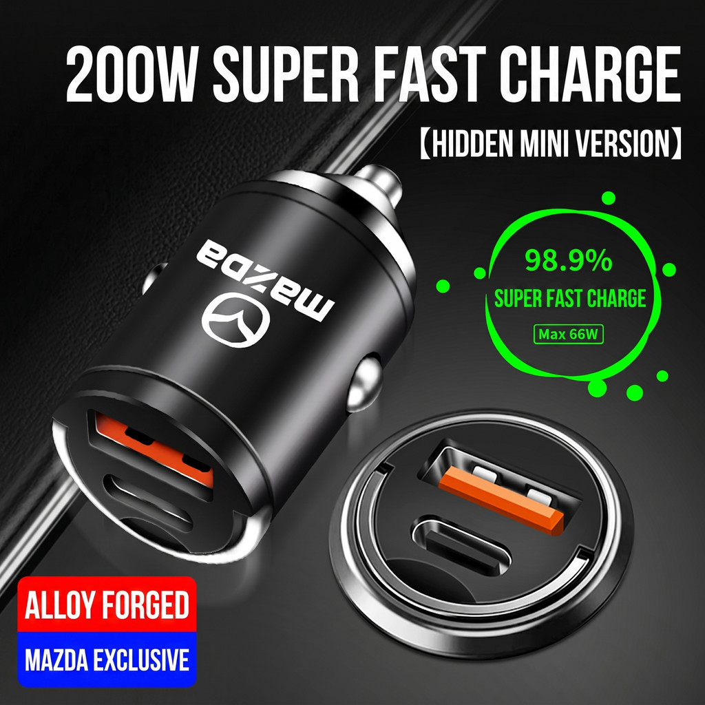 200W Hidden Mini Car Charger โลหะผสมโลหะ USB Type C Fast Charging PD QC Super Fast Charge สําหรับ Ma