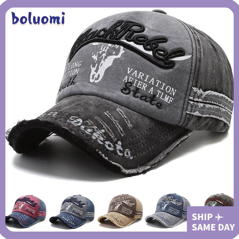 BOLUMI Western Streetwear หมวก, Bull Head Skull Hip-hop Letter เย็บปักถักร้อยเบสบอลหมวก,แฟชั่นปรับ Faded Distressed หมวกสําหรับชายหญิง