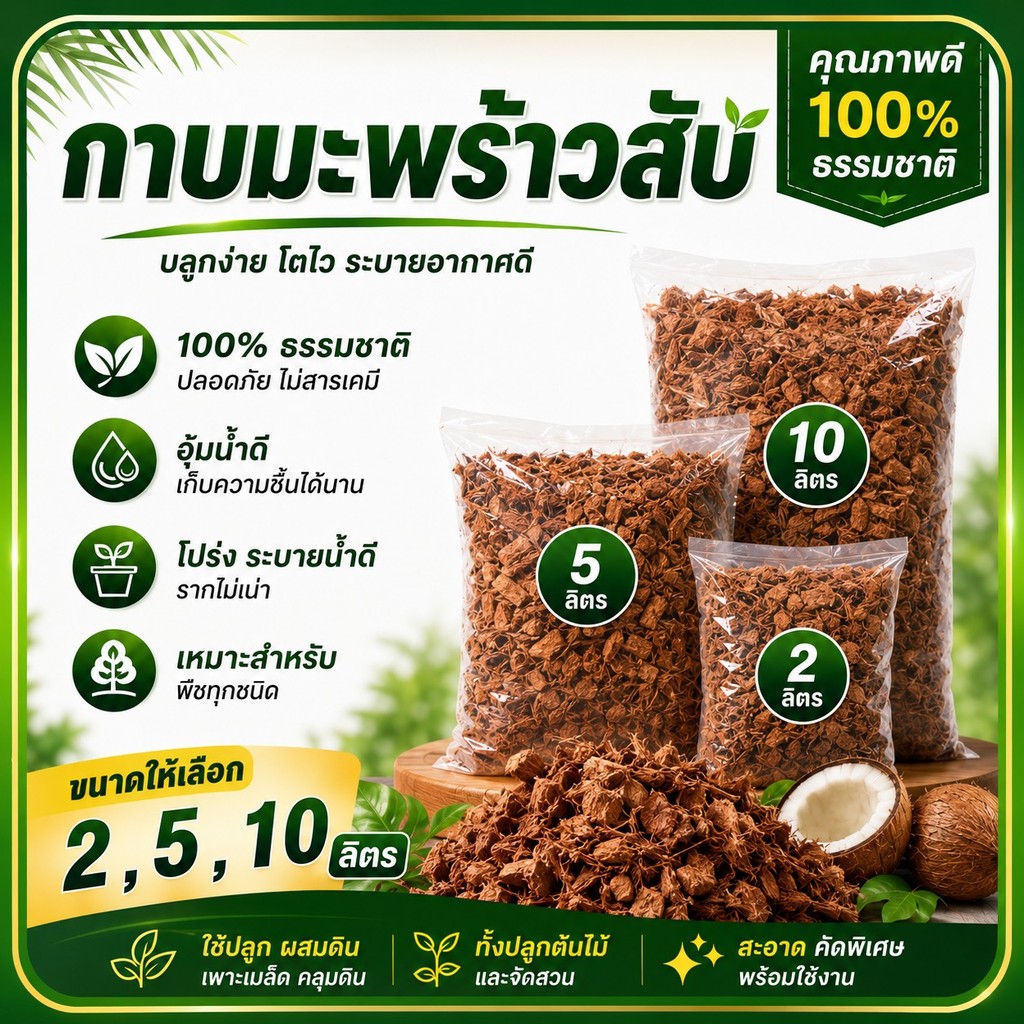 กาบมะพร้าวสับเล็ก แบบแบ่งขาย 2,5,10 ลิตรใช้ปลูกต้นไม้ เพิ่มอากาศในดิน
