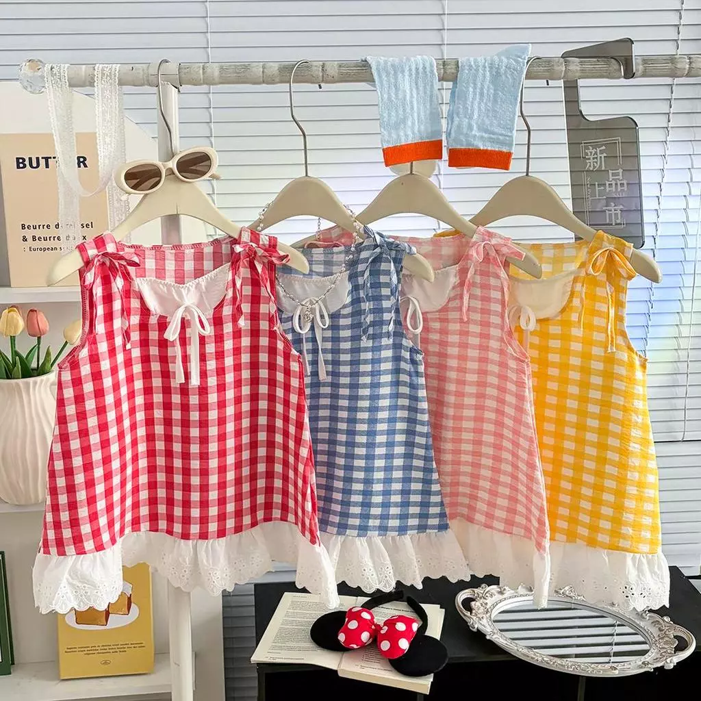 MooDeng Baby เดรส+ที่คาดผม ลายสก็อต น่ารัก ตัวเลือก 4สี แดง ชมพู เหลือง น้ำเงิน 80-140เซน เด็กหญิง ดีไซน์น่ารัก เด็กหญิง