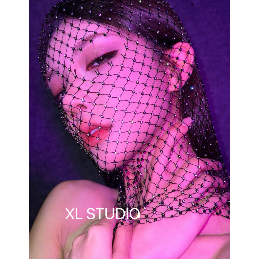 Cos Halloween Show bling Hollow Fishnet Diamond Full Diamond Stage Performance Hood Mask ไนท์คลับ