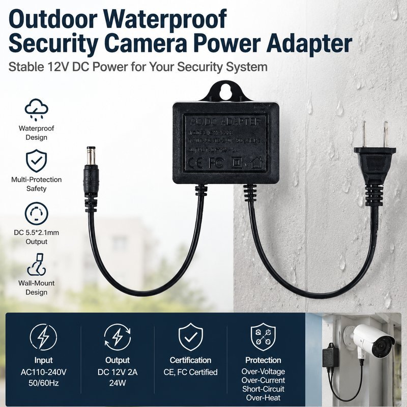 อะแดปเตอร์กลางแจ้ง อะแดปเตอร์ 12V 2A กันน้ำกันฝน สำหรับกล้องวงจรปิด หัวต่อ DC ปลั๊กสองขา