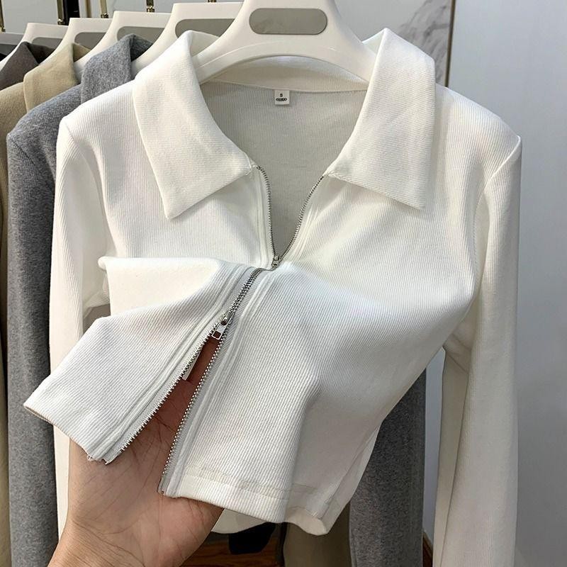 เสื้อครอปคอปกโปโล ซิปคู่ สไตล์เกาหลี สําหรับผู้หญิง สีพื้น แขนยาว เสื้อยืดพื้นฐาน