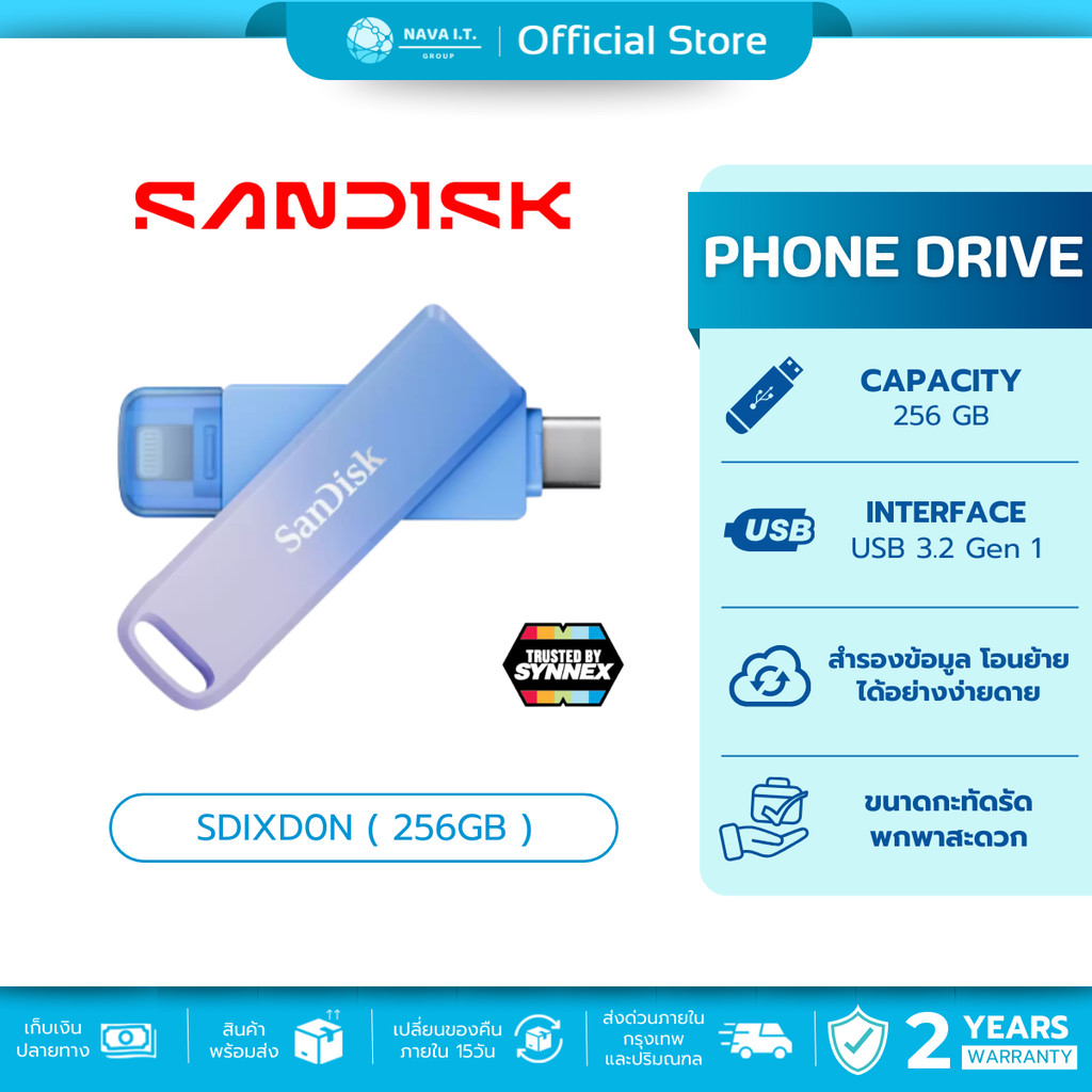 🛵มีส่งด่วน💨 SanDisk Creator Phone Drive SDIXD0N (Purple Blue) ความจุ 256GB for USB-C Ln รับประกัน 2 