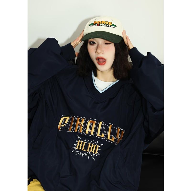 SUIKONE ซุยโคเนะ อเมริกันย้อนยุคจดหมายปักเสื้อคอวีฤดูใบไม้ร่วงผู้ชายและผู้หญิงทุกการแข่งขันเสื้อกีฬา — صورة 3