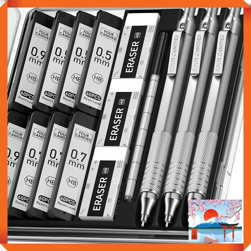 Four Candies Metal Mechanical Pencil Set - 3 Pencils with Case - 0.5mm, 0.7mm & 0.9mm - Includes 480