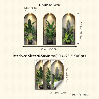 3 แผ่น/ชุด (ขนาดใหญ่) 3D Arch Niche Wall Decal-พฤกษศาสตร์ใบตกแต่งสําหรับห้องนั่งเล่นห้องนอน,ที่ถอดออกได้ไวนิล Silhouette พร้อมกระถาง, Bohe Home Decor,ที่ถอดออกได้ Arch Decals, V