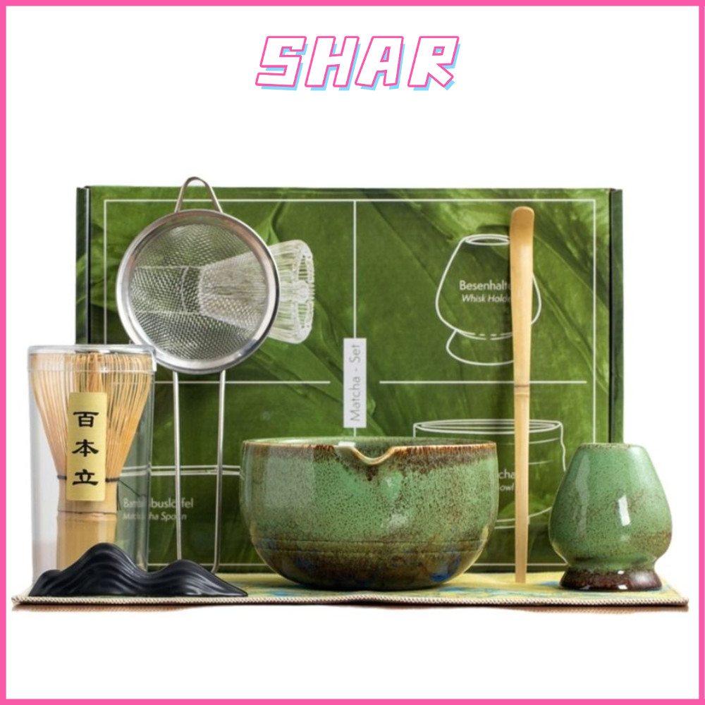 SHAR 7 ชิ้นปัดมัทฉะญี่ปุ่น,ชุดน้ําชามัทฉะแบบดั้งเดิมแบบใช้ซ้ําได้,ไม้ไผ่เซรามิกชาเขียวปัดเครื่องมือชงชา