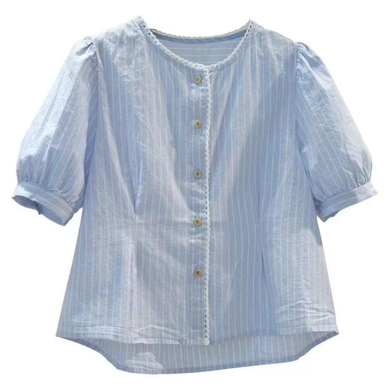 ส่งไวจากไทย Summer M-2XL เสื้อเชิ้ตผ้าฝ้ายลายสีฟ้าอ่อนผู้หญิงเอวสั้นปิดเสื้อฤดูร้อนด้านบน