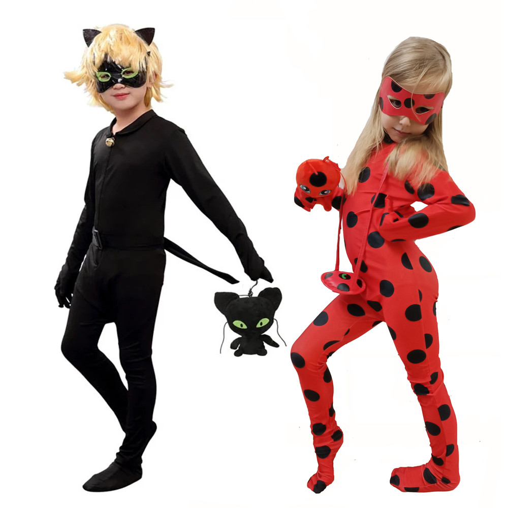 ชุดจัมพ์สูทสไตล์อนิเมะ tema แมวสีดำ Miracle Heroine Ladybug สำหรับ.cosplay
