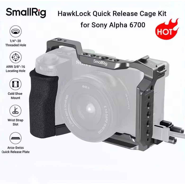 SmallRig A6700 กรง HawkLock Quick Release Cage Kit สําหรับ Sony Alpha 6700 w ซิลิโคน Grip & Cable Cl