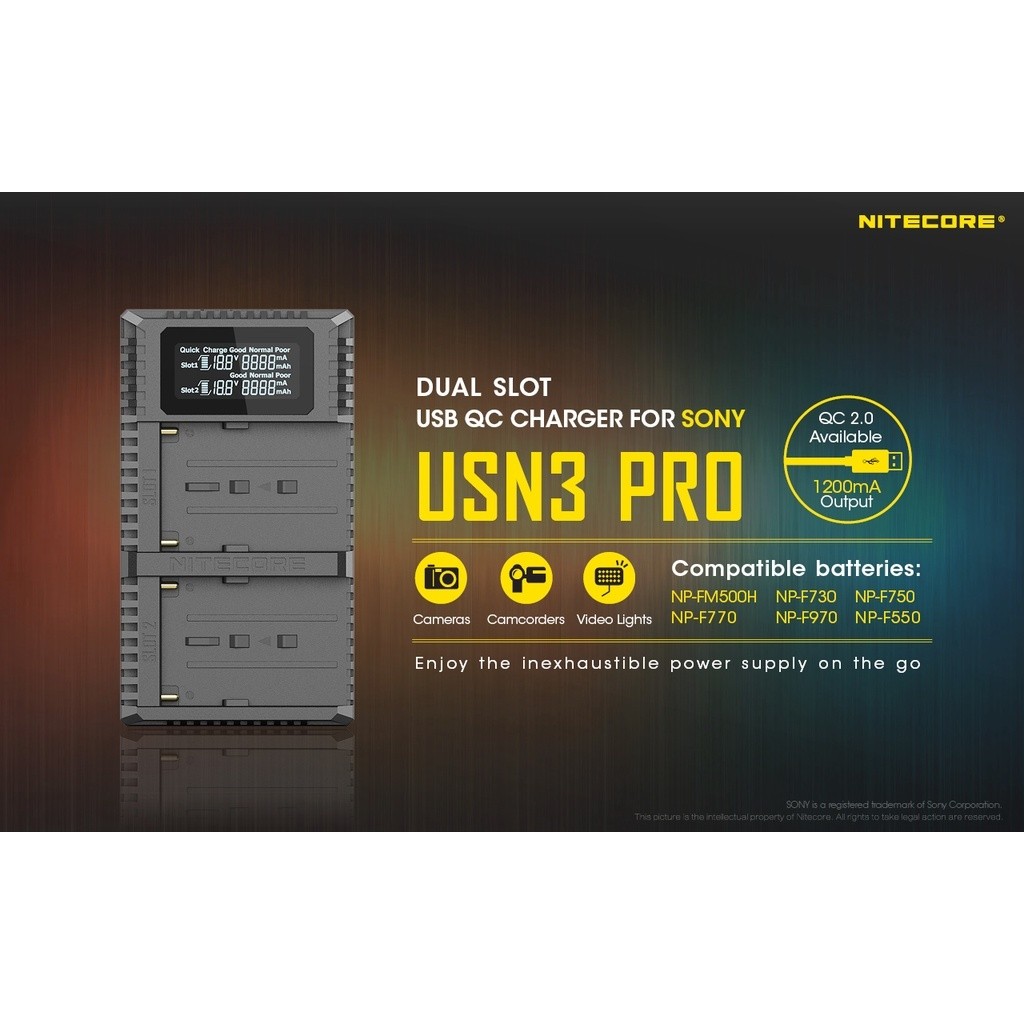 Nitecore USN3 PRO Dual Slot USB Charger สําหรับ Sony SONY NPF550NPF750 NPF970 FM500H