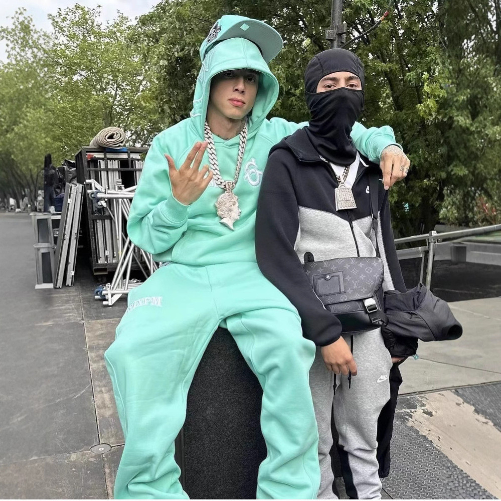 N9Y3 6PM central ce DRILL Embroidery logo High Street Pullover Hoodie Sweatshirt Hip-Hop Jacket Set