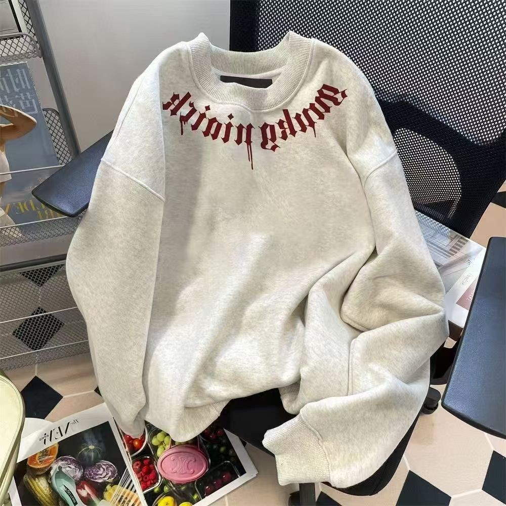 Hiphop หลวมผ้าฝ้ายแท้ความยาวกลาง 23 สไตล์ใหม่ฤดูใบไม้ร่วงฤดูหนาวรอบคอ ins Wind Sweatshirt ใหม่ผู้หญิ