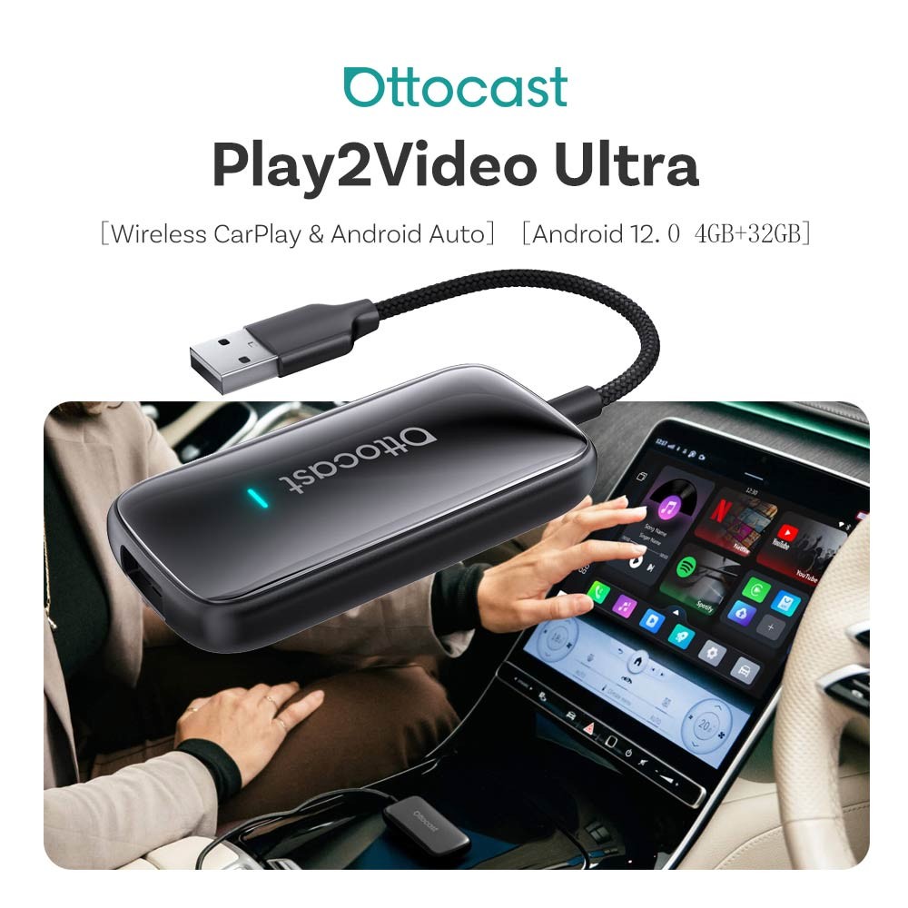 Ottocast Play2Video Ultra Ai Box Wireless CarPlay Android อะแดปเตอร์อัตโนมัติในตัว Youtube Netflix สําหรับรถยนต์ที่มีสาย Carplay