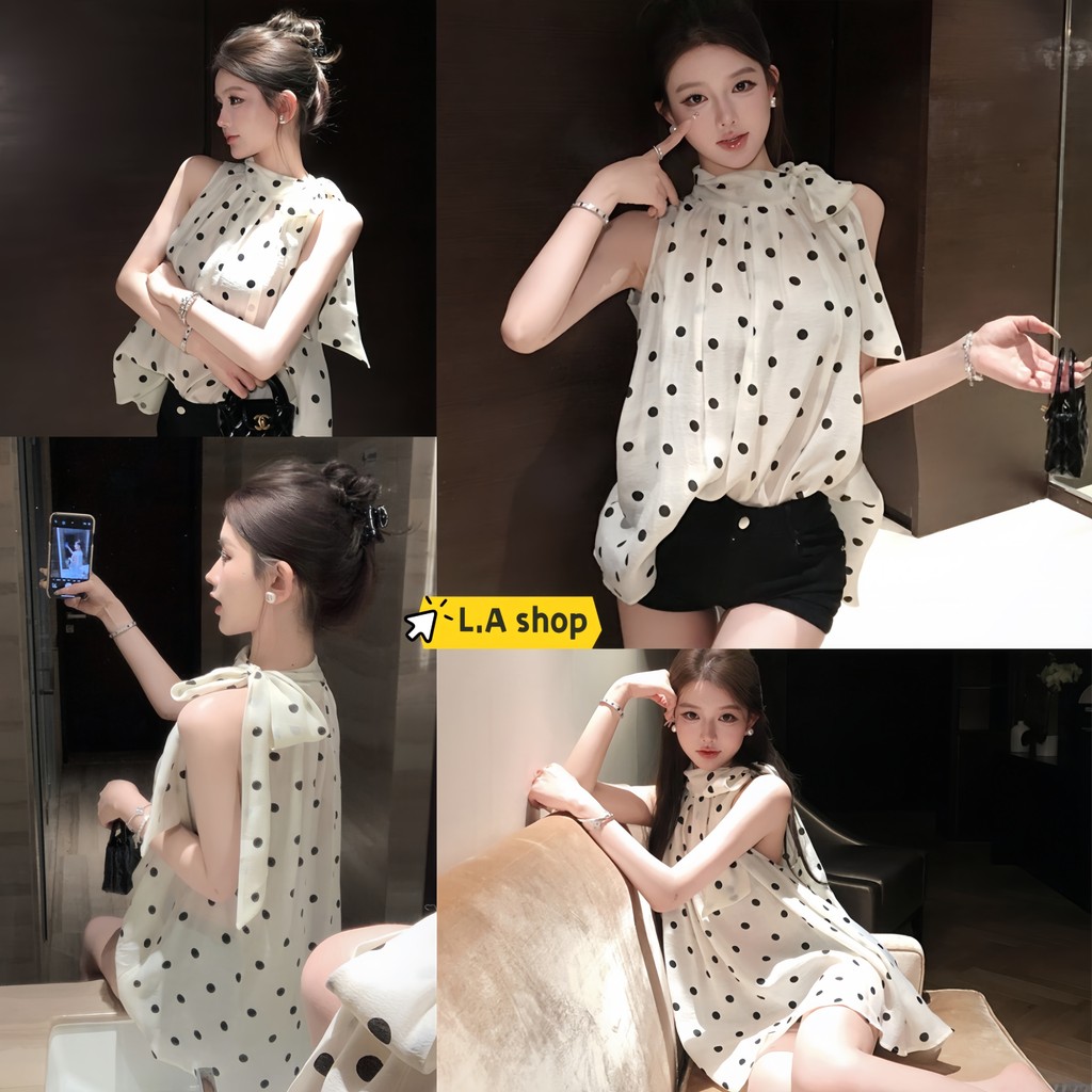 L.A Shop🌟พร้อมส่ง เสื้อแขนกุด เซ็กซี่ เสื้อแขนกุด ลายตุด ผ้าซีทรู สีครีม สไตล์เกาหลี "FY2916"