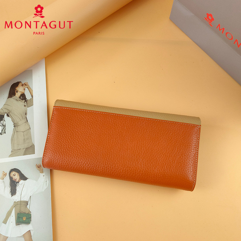 Montagut กระเป๋าสตางค์ผู้หญิงห้างสรรพสินค้าสไตล์เดียวกันยาวชั้นแรก Cowhide Bill Clip ของแท้กระเป๋าสต