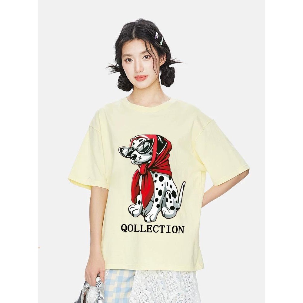 เสื้อสีฟอก เสื้อน่ารัก เสื้อยืด oversize รูปแบบถนน โคตรนุ่ม ผ้าคอตตอน ลาย "QOLLECTION DOG" สินค้า ให