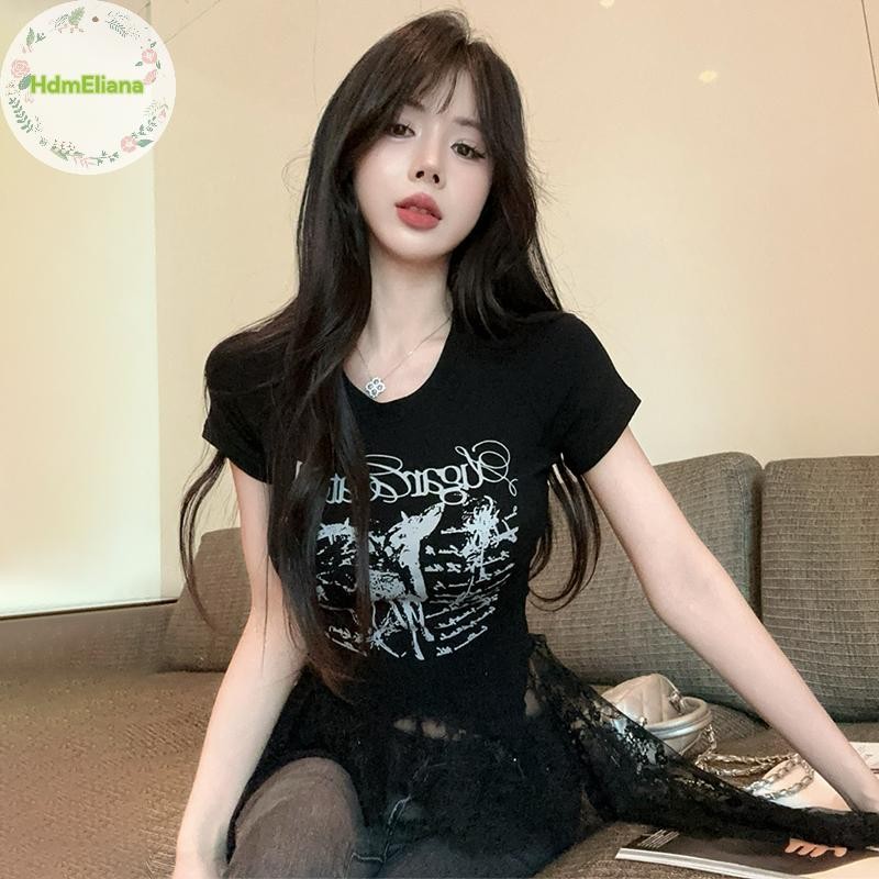 HdmEliana แฟชั่นลูกไม้ Patchwork ไม่สมมาตรเสื้อยืดผู้หญิง Streetwear Y2K พิมพ์ Crop Tops ฤดูร้อนรอบค