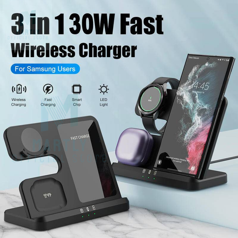 Martly 3 ใน 1 Charger สําหรับ Samsung Galaxy S23 S22 21 Ultra S20 30W Fast Charging Dock Station Wat