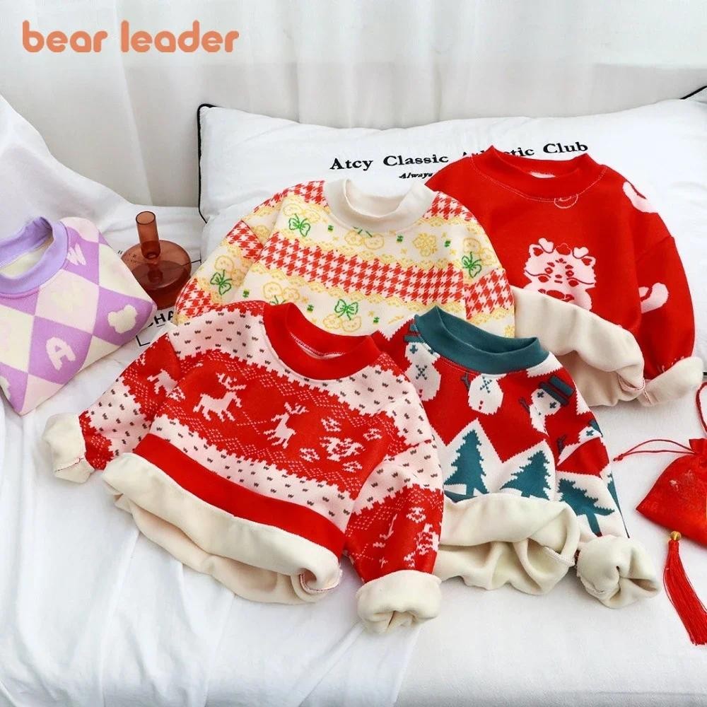 เสื้อผ้าเด็กสไตล์หมีสำหรับหน้าหนาว ลายการ์ตูนพิมพ์ปีใหม่ สวมหัวแขนยาวสีแดง