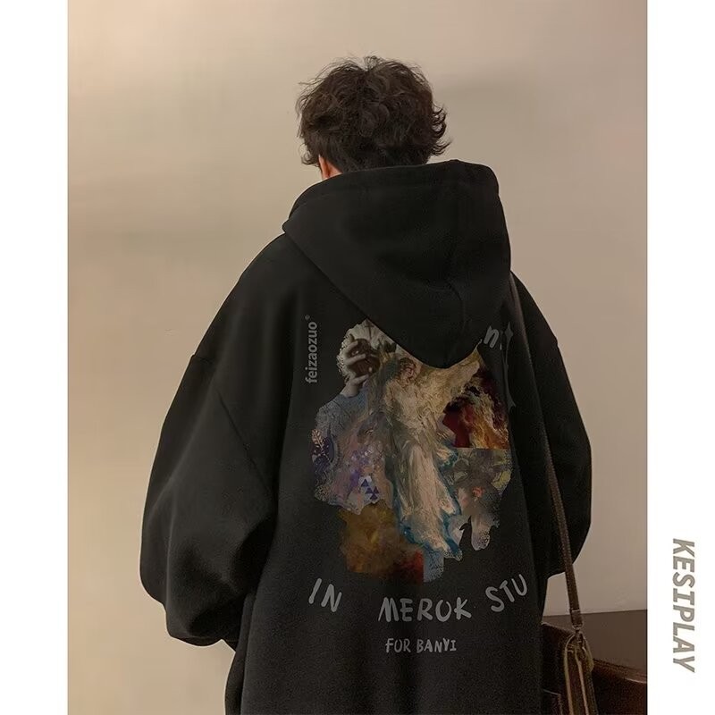 Hooded Print Oil Painting COD Vintage Sweatshirt Base Shirt Spring Autumn Trend23Men's American Styl