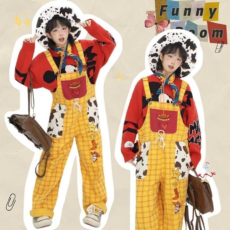 Overall สไตล์ใหม่ พิมพ์ลายวудดี้และแพทเทิร์นเช็ก เหมาะสำหรับฤดูใบไม้ร่วง