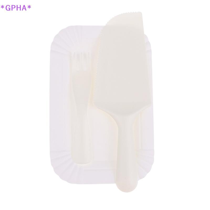 GPHA> 5Person 10Person White Birthday Cake Knife Fork Set Plastic Disposable Dinner Plate Set Baking