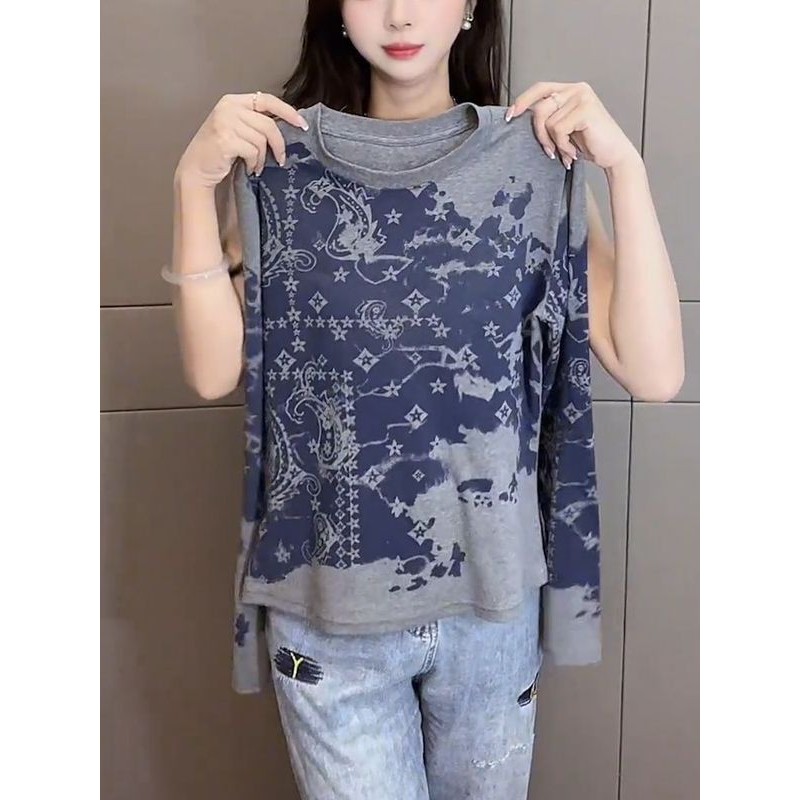 เสื้อยืดแขนยาวพิมพ์ของแท้ ออกแบบไหล่รอบคอ สไตล์ใหม่สำหรับฤดูใบไม้ร่วงและฤดูหนาว