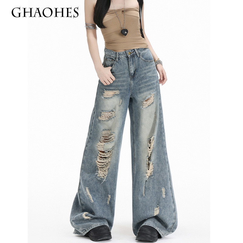 GHAOHES เฉพาะกลุ่มกางเกงยีนส์ขาดสีฟ้าอ่อนสไตร์อเมริกันเอวส รูปที่ 5