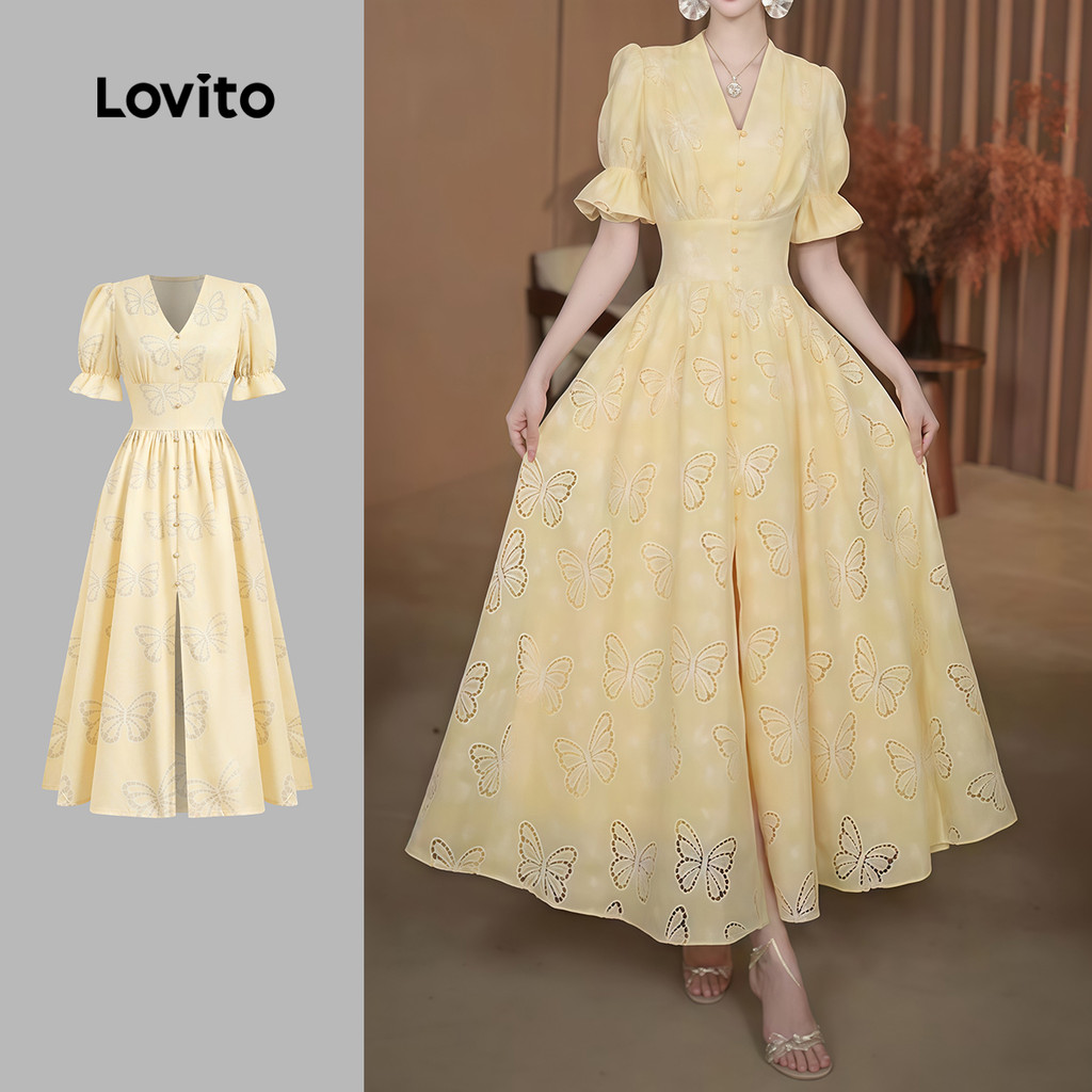 (NEW) Lovito ชุดเดรสหรู ผ่าหญ้าหัวราชินี ติดหัวเข็มขัดโลหะ ฤดูใบไม้ผลิ/ฤดูร้อน สีเหลือง L154ED1117