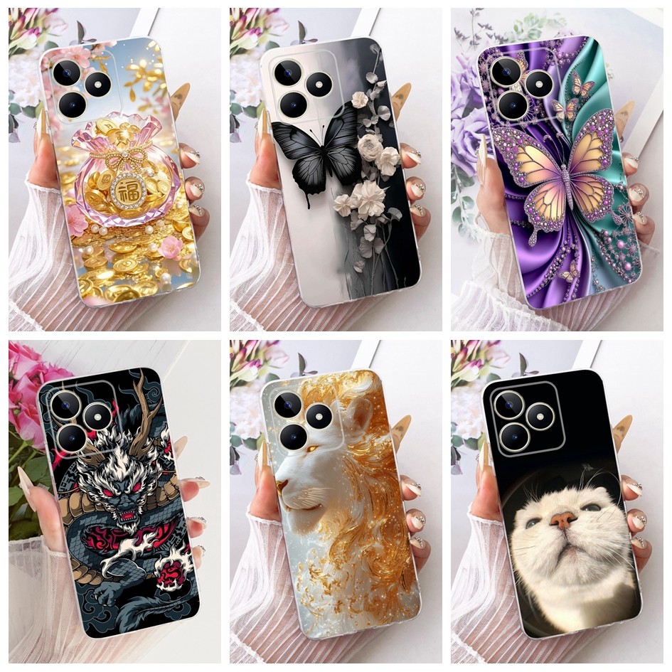 กรณีใหม่สําหรับRealme C51 RMX3830 ฝาครอบโทรศัพท์Realme C53 RMX3760 น่ารักการ์ตูนแมวมังกรซิลิโคนนุ่มโปร่งใสTPUกันชน