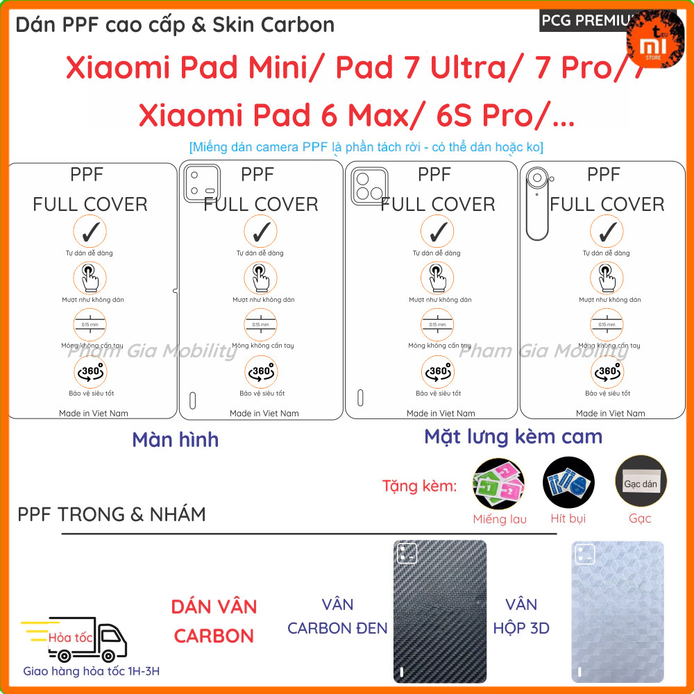 PPF & Skin Carbon Xiaomi Pad Mini (K Pad) Mi Pad 7 Pad7 Ultra Pad6 6S Pro Max สําหรับจอ ใส ด้านหลังด