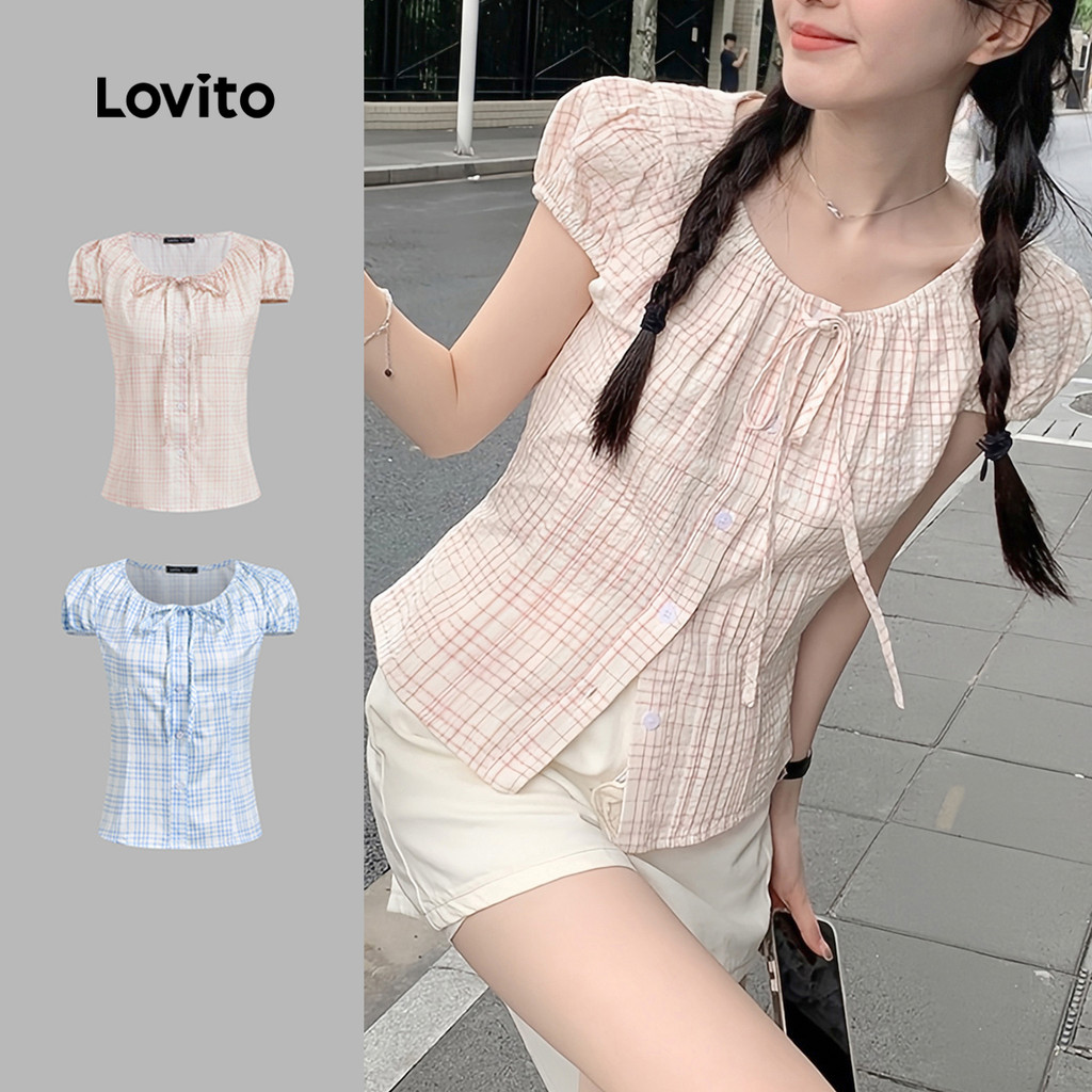 Lovito เสื้อเชิ้ตลำลองสำหรับฤดูร้อน/ฤดูใบไม้ผลิ ลายทางผูกเชือก จีบ สำหรับผู้หญิง L130AD146