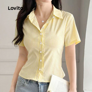 Lovito สง่างาม เสื้อบลาซ่าคอปกแบบ มีปุ่ม สวมใส่ได้ในช่วงฤดูใบไม้ผลิ/ฤดูร้อน สีเหลืองอ่อน สำหรับผู้หญิง เกาหลี อินเทรนด์ L143AD628