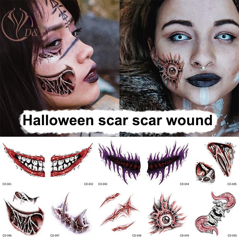 Layou 1 แผ่นฮาโลวีน Terror Wound ชั่วคราว Tattoo กันน้ําที่สมจริง Blood Tattoos การบาดเจ็บรอยแผลเป็น