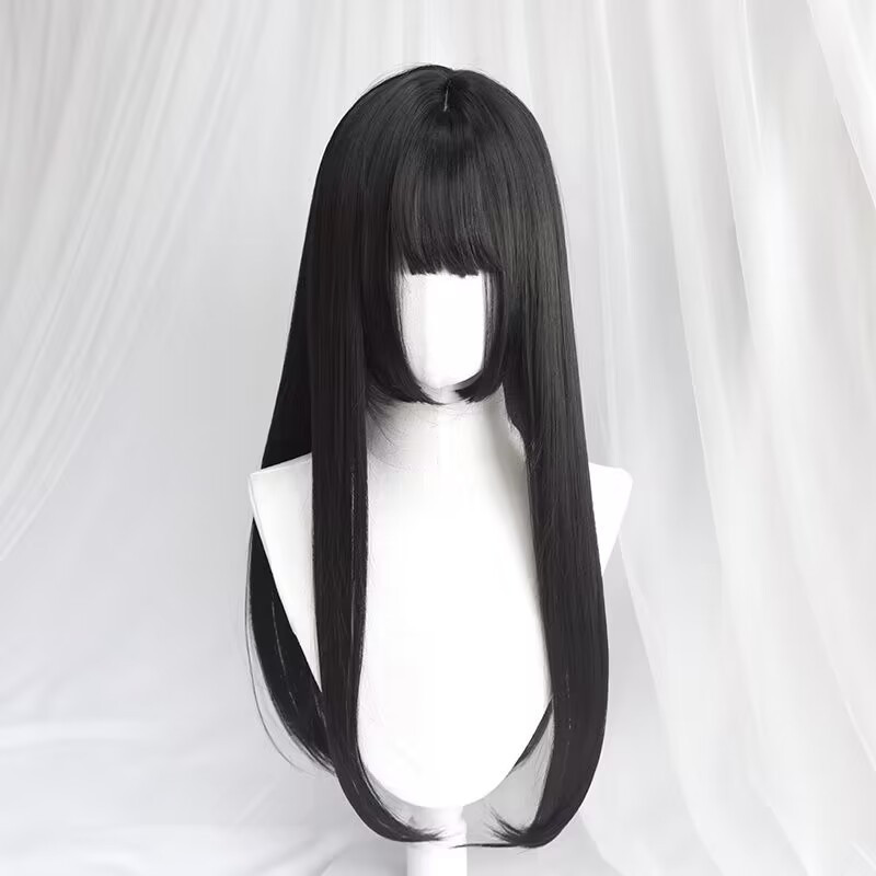 XINPIN*High-End-cosUniversal Black Brown Hime Cut Fringe Princess Cut Long Straight Hair Natural Wig