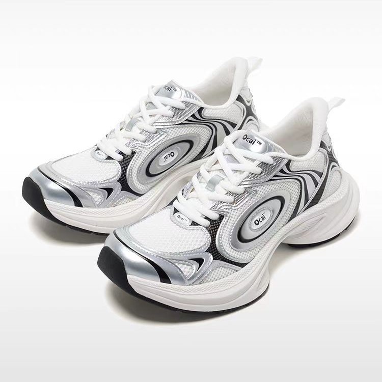 Ocai Disk Runtech สีเงินขาว มีดีไซน์เหมือนจานบิน รองเท้าวิ่งเพิ่มความสูงสำหรับคู่รัก