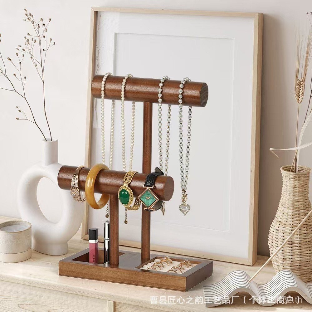ออแกไนเซอร์ตกแต่งไม้เนื้อแข็งนาฬิกาไม้ชั้นสร้อยคอชั้นวางลูกปัดสตริงชั้นวางจอแสดงผลเคาน์เตอร์วงเล็บเค
