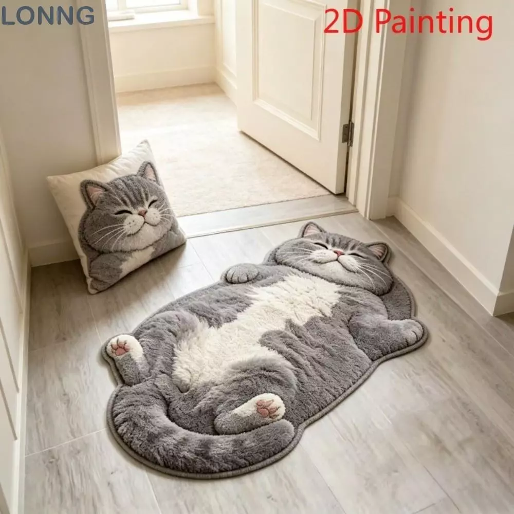 LONNG พรมพื้นที่รูปแมว,ป้องกันการเปรอะเปื้อนทําความสะอาดง่ายพรมตกแต่งบ้าน,ห้องนั่งเล่นพรมการ์ตูนกันลื่นตลก